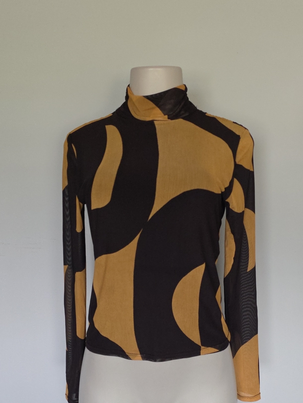 Bailey 44 brown/mustard retro print long sleeve mesh top-S